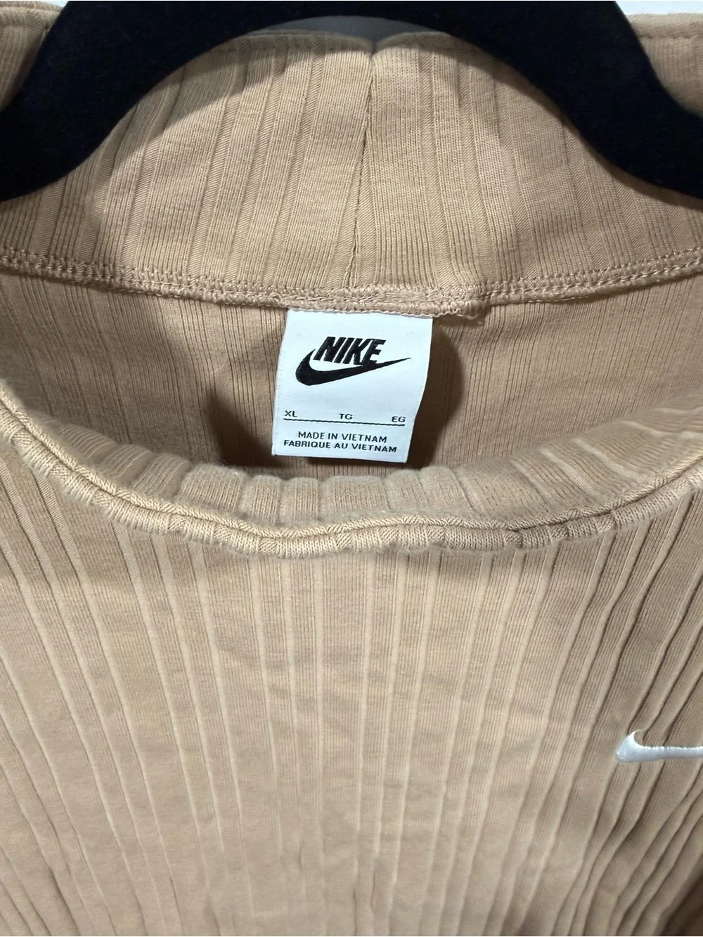 Nike Women's Tan Ribbed Mock-Neck Sweatshirt with White Swoosh